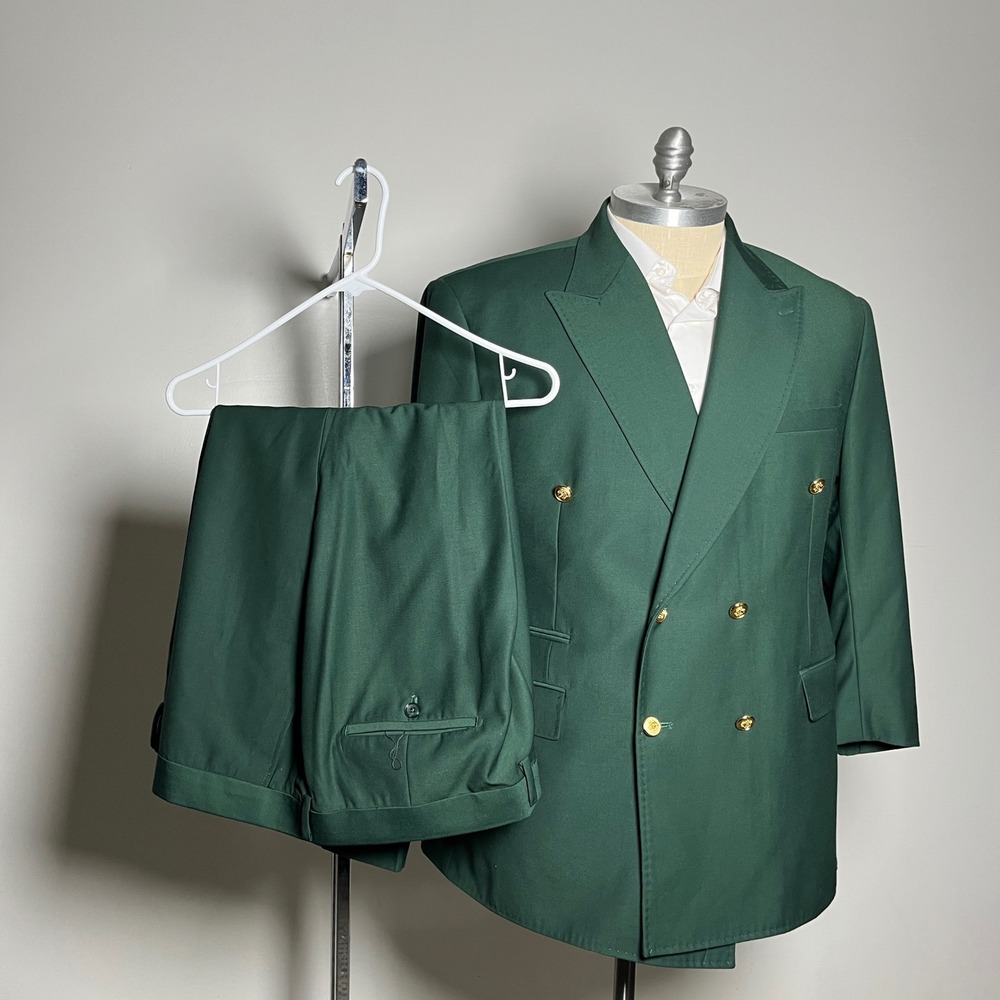 Rossi Man 2-Piece Suit Mens 48R W46 Green Solid Double Breasted Slim Fit Peak